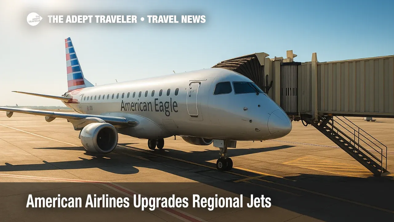American Eagle E175 at the gate under crisp skies, illustrating upgraded regional jet cabins with power, fast Wi-Fi, and larger overhead bins plans.