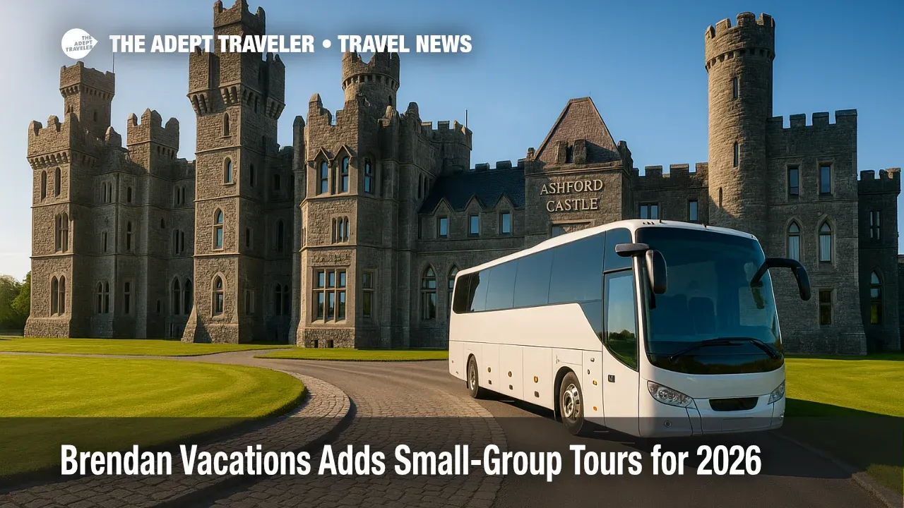 A small-group coach arrives at Ashford Castle under clear skies, illustrating Brendan Vacations small-group tours in Ireland and Scotland.