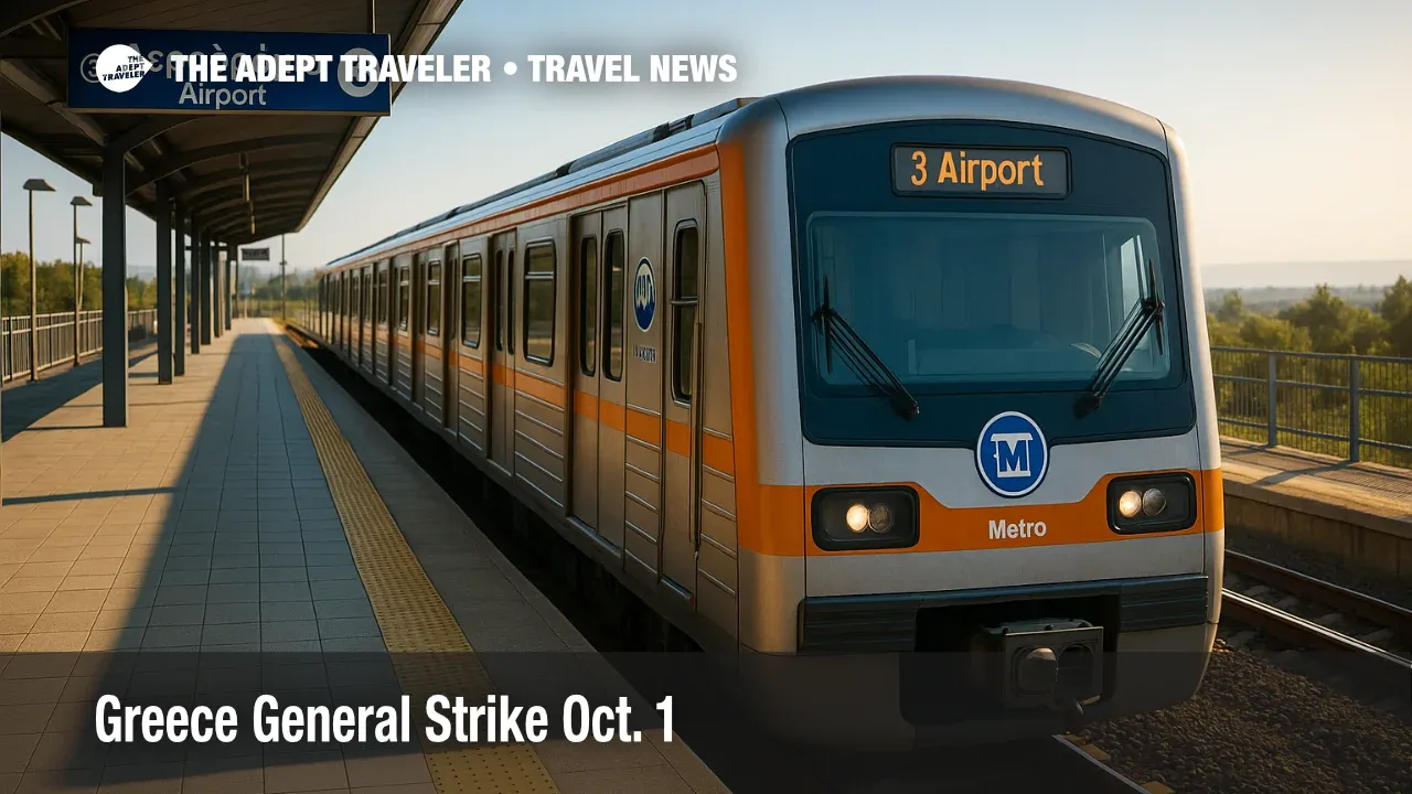 Athens Metro Line 3 train at an airport-bound platform during the Greece general strike, illustrating limited service windows and airport transfer options.