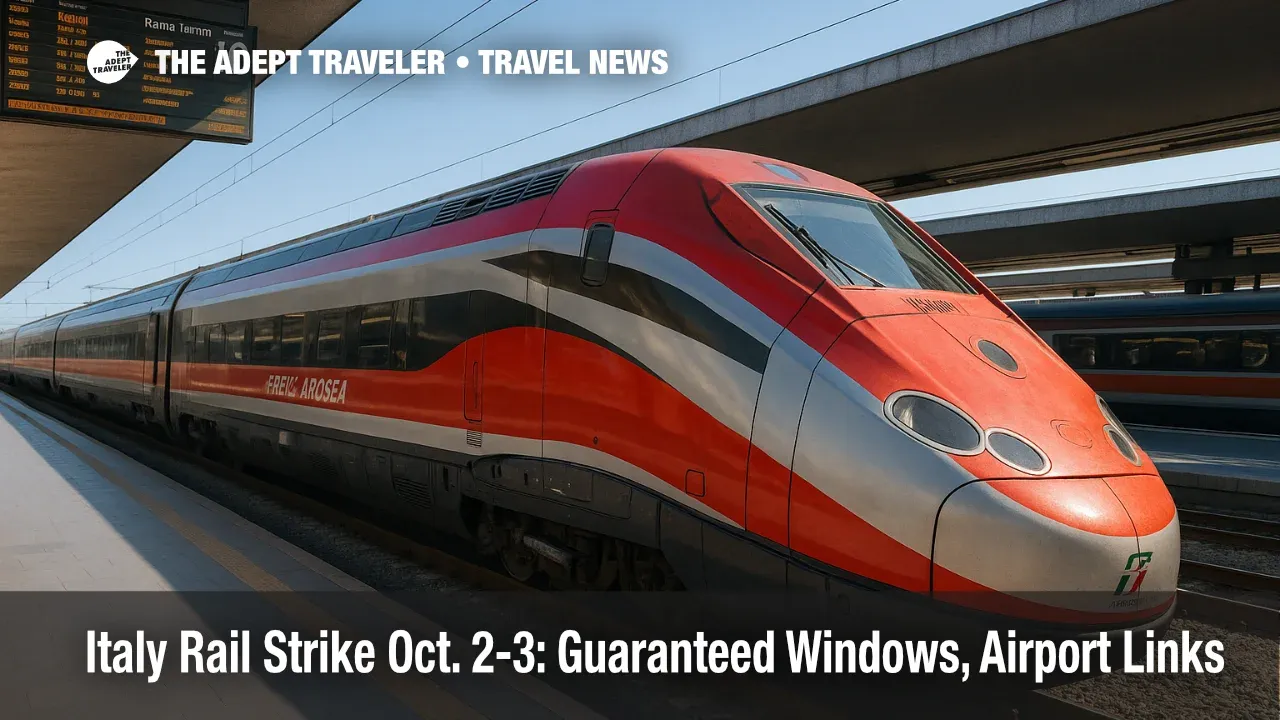 A Frecciarossa at Roma Termini during the Italy rail strike, with platform boards visible as travelers plan around guaranteed windows and airport links.