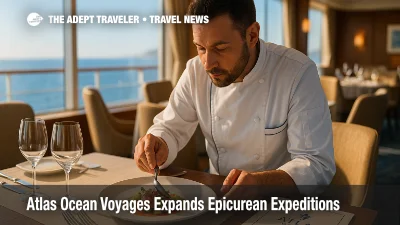 Chef plates a seasonal seafood dish in an intimate yacht dining room, illustrating the Atlas Ocean Voyages culinary program on Mediterranean cruise sailings.
