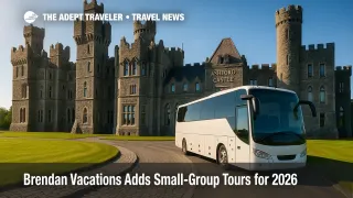 A small-group coach arrives at Ashford Castle under clear skies, illustrating Brendan Vacations small-group tours in Ireland and Scotland.
