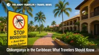 A tropical hotel courtyard with mosquito control signage, illustrating bite-prevention steps for travelers during a chikungunya in the Caribbean advisory.