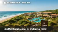 A modern Dolphin Coast beachfront resort with pools and dunes under clear skies, highlighting Club Med South Africa Beach & Safari's beach-and-safari concept.