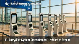 A row of EU border kiosks ready for biometric checks under the new EU entry/exit system, with clear passenger guidance signs visible.