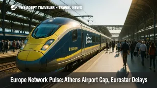 Athens caps arrivals to manage capacity, while Eurostar reports delays tied to Brussels-Midi maintenance and crowding at Amsterdam Centraal. Travelers should expect reseating.