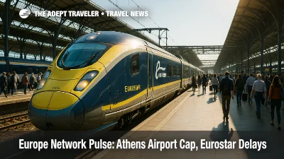 Athens caps arrivals to manage capacity, while Eurostar reports delays tied to Brussels-Midi maintenance and crowding at Amsterdam Centraal. Travelers should expect reseating.