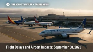 Low clouds over a busy U.S. airport ramp hint at morning delays and nationwide flight delays and airport impacts tied to weather.