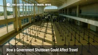 Airport TSA checkpoint with long lines illustrating government shutdown travel impacts, viewed from an elevated concourse with bright, natural lighting.