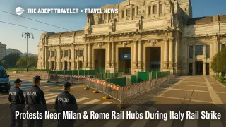 Police presence near Milano Centrale during Italy rail strike, with barriers guiding travelers toward side entrances amid protest activity.