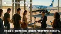 Passengers scan phones at a Ryanair gate as the airline adopts a digital boarding pass policy starting November 12, 2025.