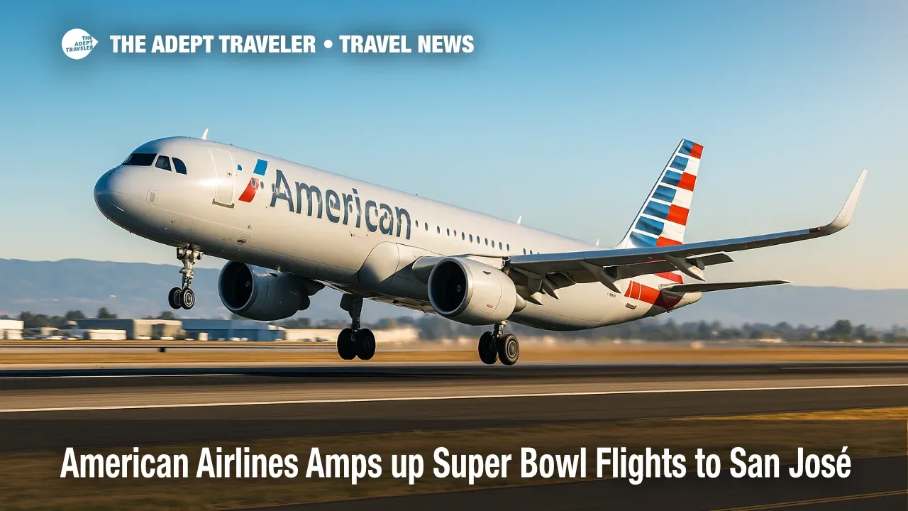 American Airlines jet departs SJC under clear skies, illustrating added Super Bowl travel capacity and convenient San José flights for Levi's Stadium.