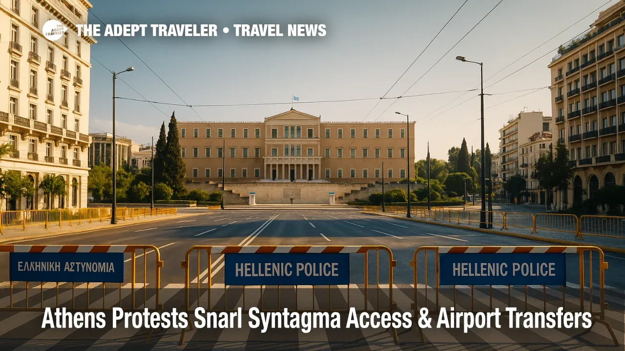 Police-managed rolling closures around Syntagma Square during Athens protests, with transit advisory windows and airport transfers guidance for travelers.
