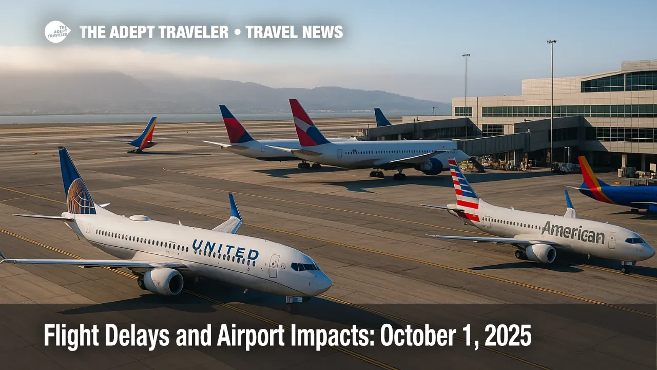 Aircraft line up for arrivals and departures at SFO under low clouds as flight delays ripple across key U.S. hubs.