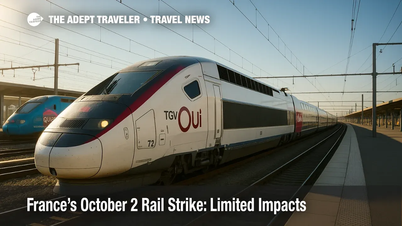 A TGV at a French station during a rail strike advisory, illustrating limited disruption and traveler options for TER and Intercités.