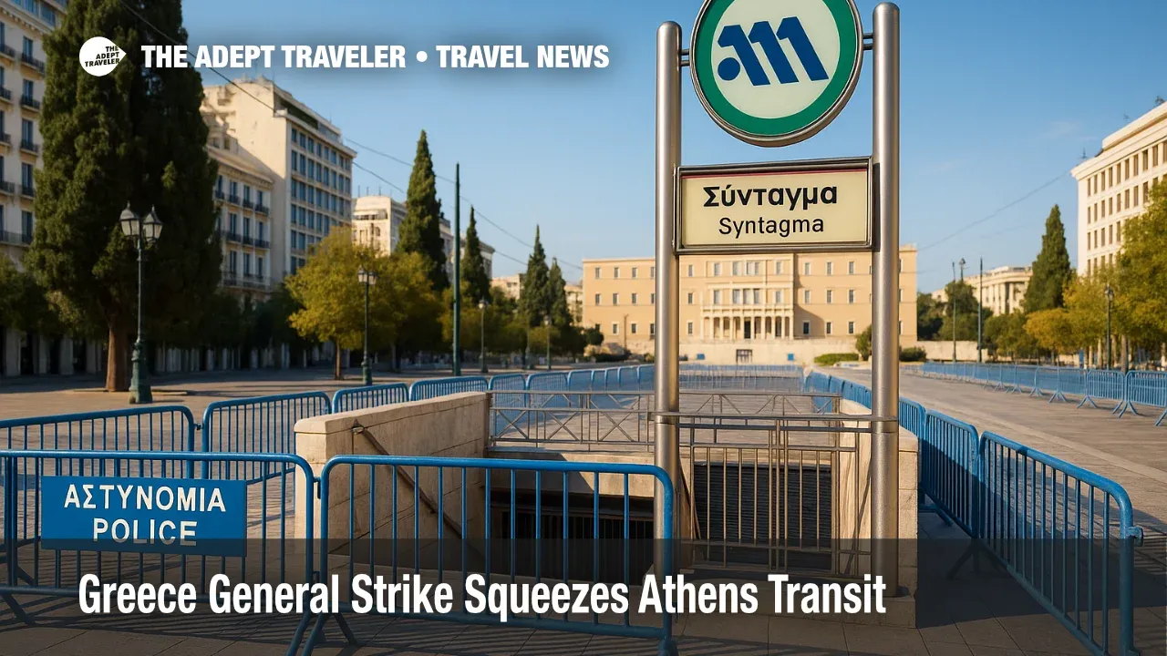Closed Syntagma metro entrance during Greece general strike, with police barricades visible and signage, affecting Athens public transport and airport transfers.