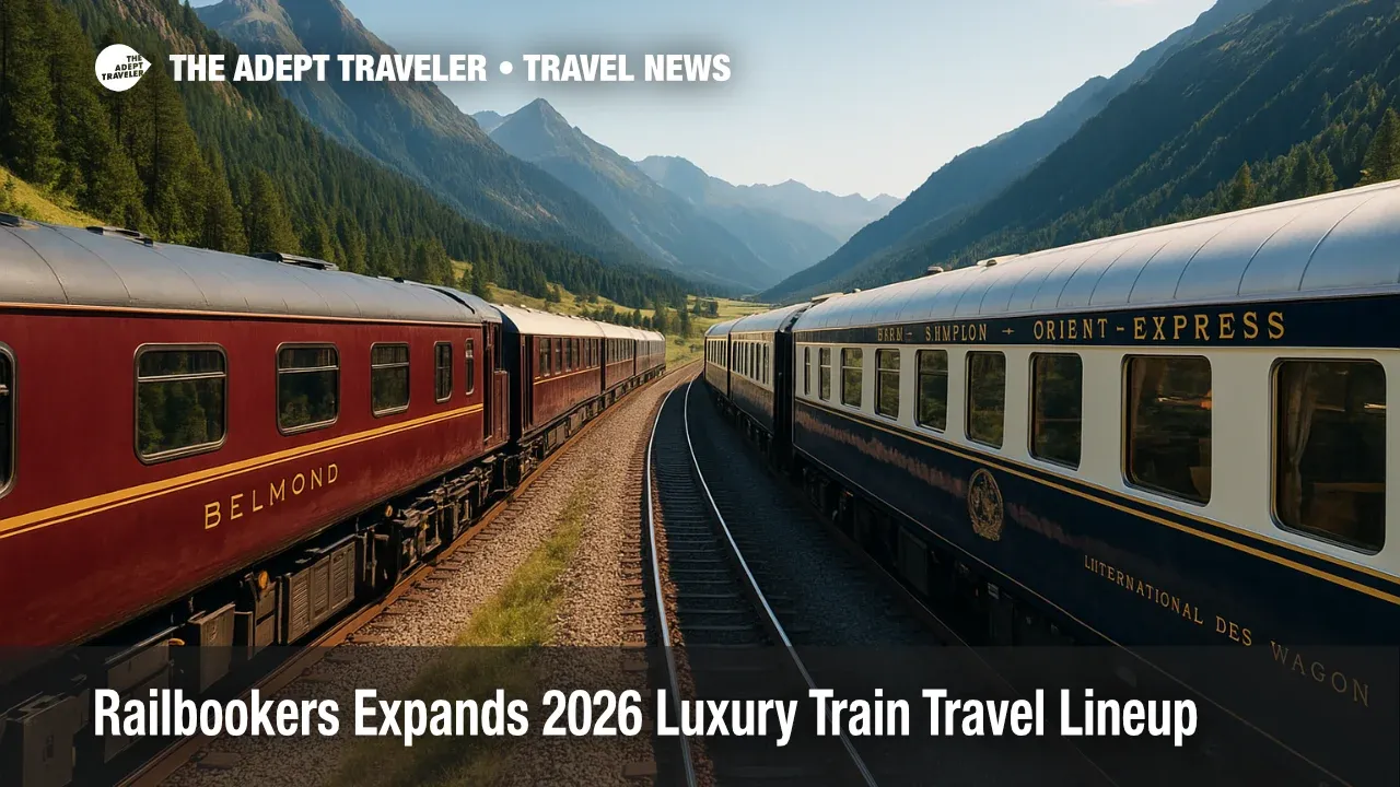 A pair of iconic carriages cross alpine curves, showcasing the romance and comfort of luxury train travel on extended international routes.