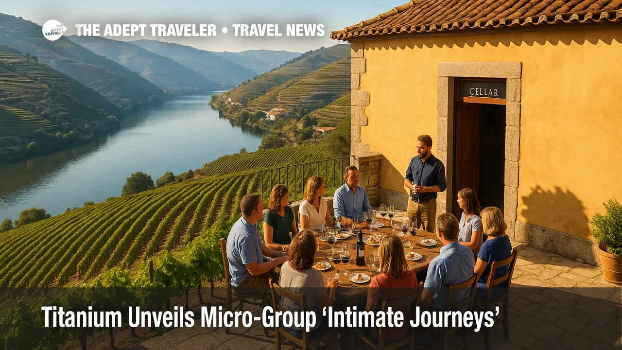 An intimate small-group wine tasting on a Douro Valley terrace, illustrating Titanium Intimate Journeys with vineyard rows and historic estate backdrop.