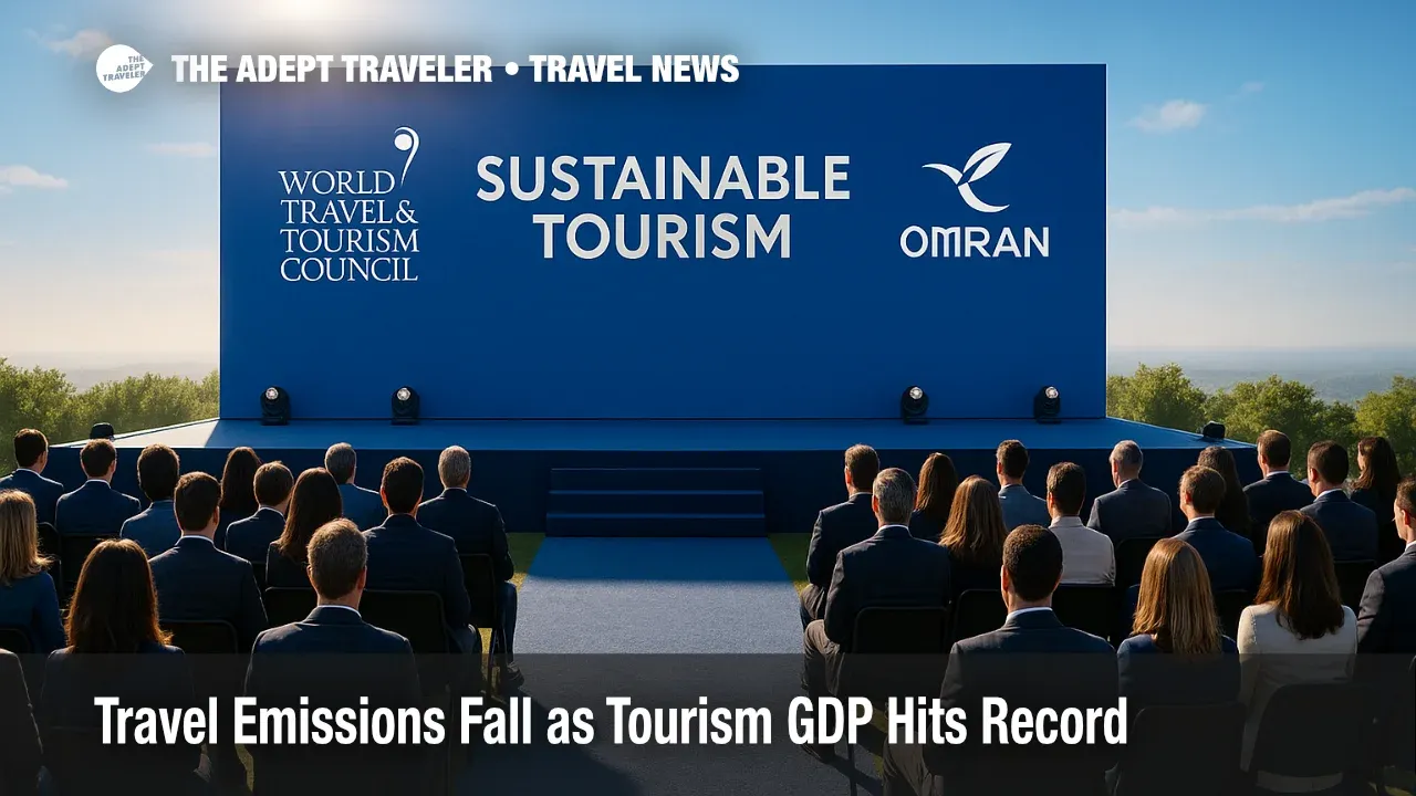 Stage view of a WTTC ESR 2025 event with WTTC and Omran branding, symbolizing lower emissions and jobs growth in global Travel & Tourism.