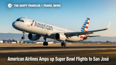 American Airlines jet departs SJC under clear skies, illustrating added Super Bowl travel capacity and convenient San José flights for Levi's Stadium.