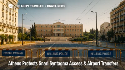 Police-managed rolling closures around Syntagma Square during Athens protests, with transit advisory windows and airport transfers guidance for travelers.
