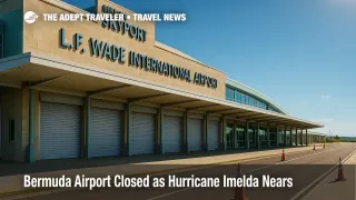 L.F. Wade International Airport prepared for Hurricane Imelda with quiet curbside lanes and storm shutters, reflecting Bermuda airport closed status.