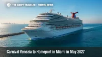 Carnival Venezia sails past PortMiami under clear skies, promoting Caribbean cruises and the line's Fun Italian Style experience for 2027-28.