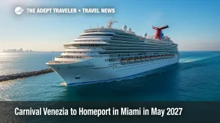 Carnival Venezia sails past PortMiami under clear skies, promoting Caribbean cruises and the line's Fun Italian Style experience for 2027-28.