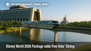 A Walt Disney World monorail passes a resort lagoon with Cinderella Castle beyond, illustrating the Disney World 2026 package and free kids' dining plan.