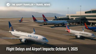 Aircraft line up for arrivals and departures at SFO under low clouds as flight delays ripple across key U.S. hubs.