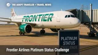 Frontier Airlines A320neo at a jet bridge as travelers board, illustrating the Frontier Airlines Platinum Status Challenge and elite-perk benefits.