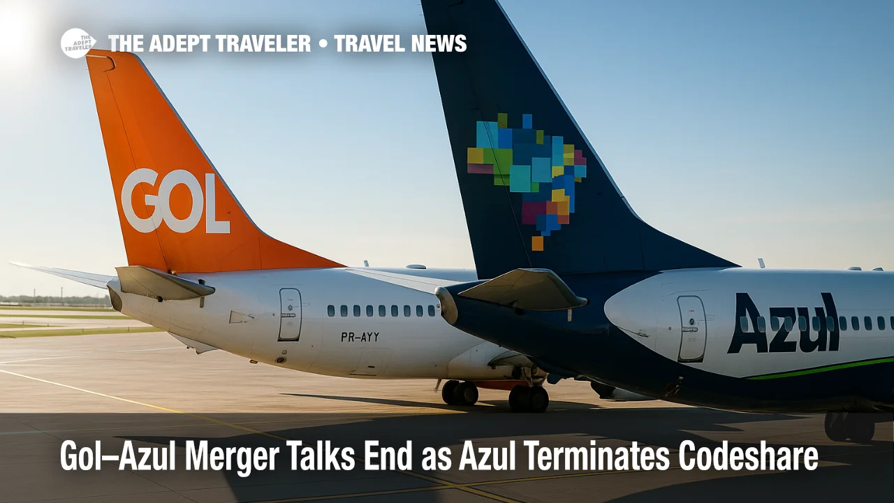 Gol and Azul aircraft tails parked side by side on the ramp, illustrating the ended Gol-Azul merger and discontinued codeshare agreement.