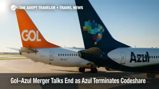 Gol and Azul aircraft tails parked side by side on the ramp, illustrating the ended Gol-Azul merger and discontinued codeshare agreement.