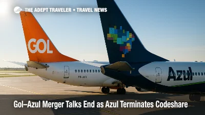 Gol and Azul aircraft tails parked side by side on the ramp, illustrating the ended Gol-Azul merger and discontinued codeshare agreement.