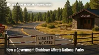 An NPS entrance road and shuttered visitor center illustrate limited services and access at national parks during a government shutdown.