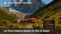 Renovated Hotel Las Torres and trailhead below the granite towers in Torres del Paine, highlighting Las Torres Patagonia all-inclusive trekking access.
