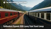 A pair of iconic carriages cross alpine curves, showcasing the romance and comfort of luxury train travel on extended international routes.