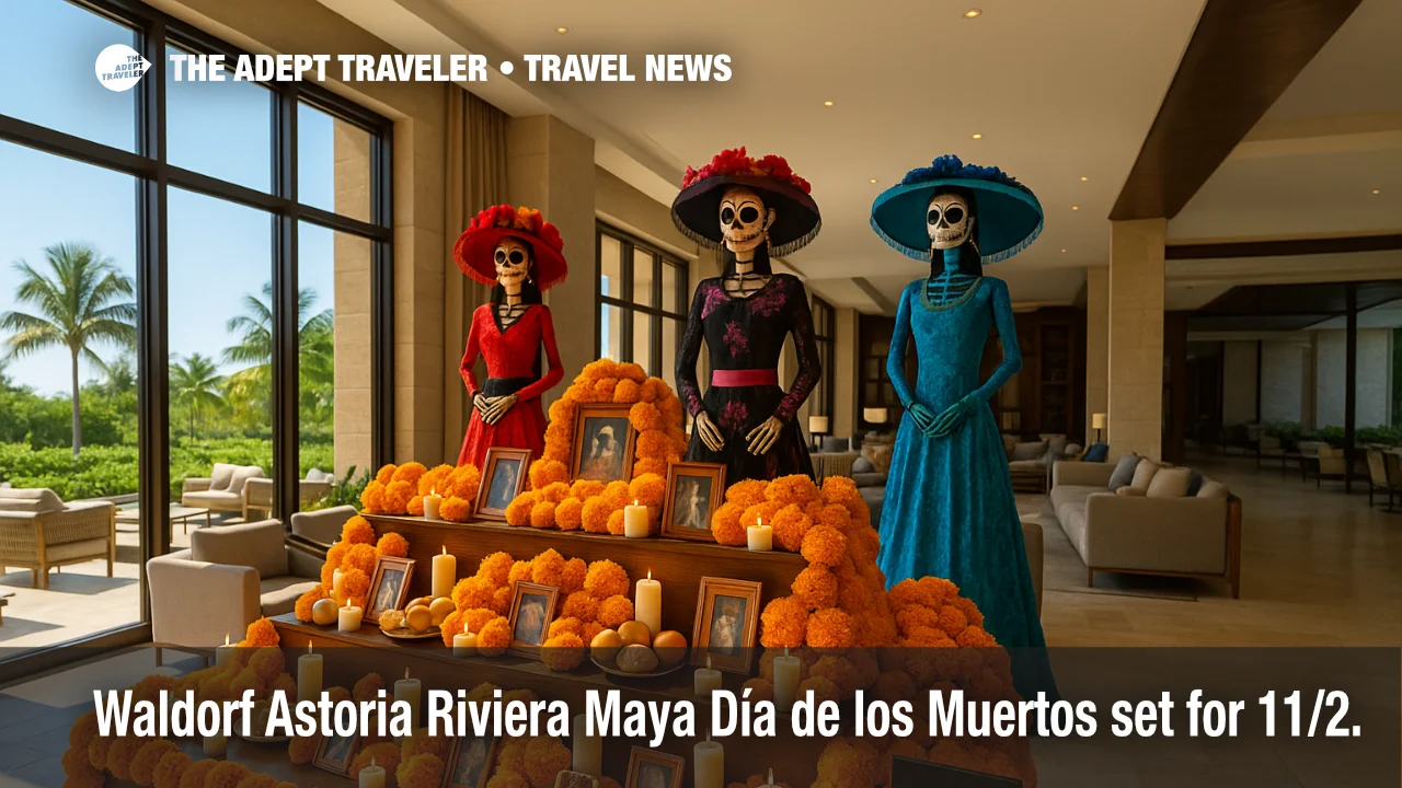 A marigold-lined Día de los Muertos altar with Catrinas in a luxury Riviera Maya resort lounge highlights cultural events at Waldorf Astoria.