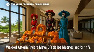 A marigold-lined Día de los Muertos altar with Catrinas in a luxury Riviera Maya resort lounge highlights cultural events at Waldorf Astoria.