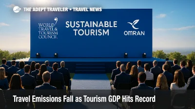 Stage view of a WTTC ESR 2025 event with WTTC and Omran branding, symbolizing lower emissions and jobs growth in global Travel & Tourism. 