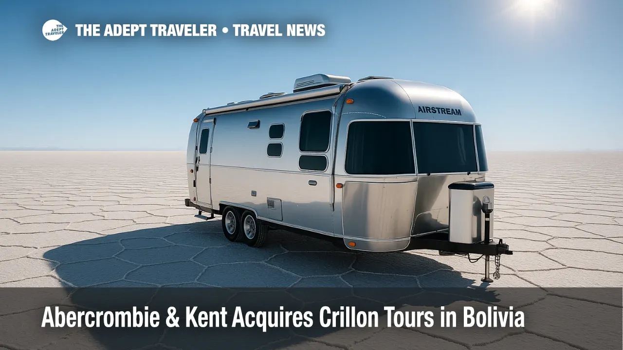 Airstream luxury camper on the Uyuni salt flats at midday, illustrating Abercrombie & Kent acquires Crillon Tours and new Bolivia DMC focus.