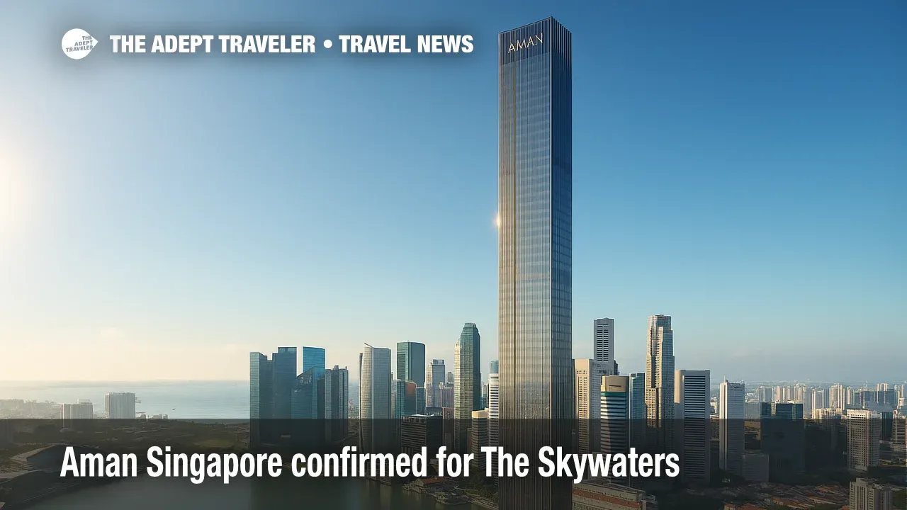 Rendering of The Skywaters supertall near Marina Bay, future home of Aman Singapore, with a bright skyline and strong urban sanctuary vibe.