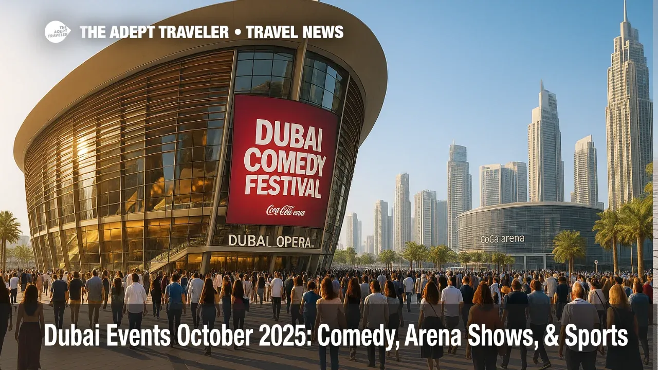 Crowds gather at Dubai Opera for Dubai Comedy Festival during Dubai events October 2025, with clear skies and evening show lighting.