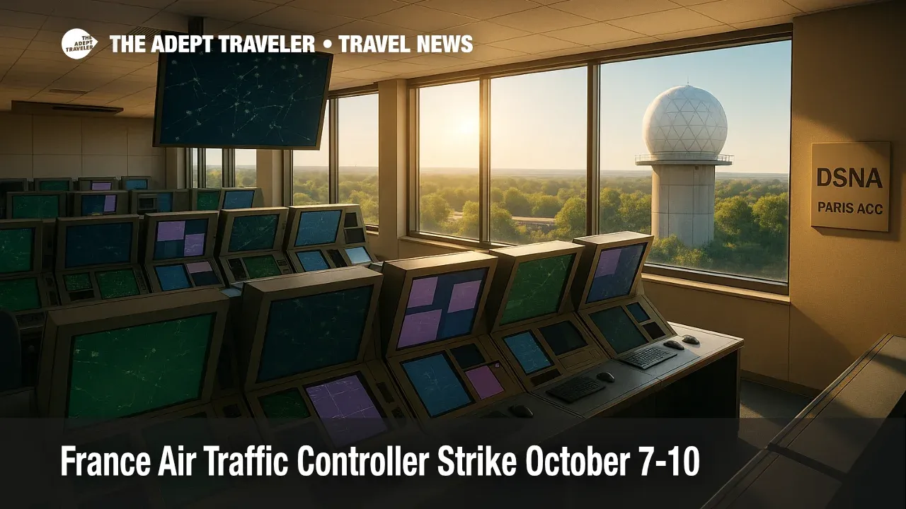 A wide view of a French air traffic control operations room, illustrating Eurocontrol reroutes during a France air traffic control strike.