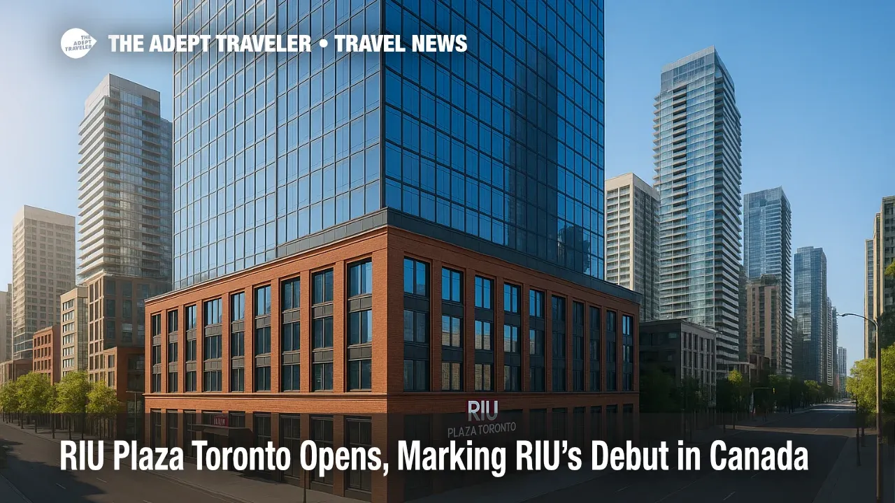 RIU Plaza Toronto exterior on Widmer Street, a new urban hotel in the Entertainment District with glass tower rising above a brick podium.