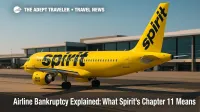 A Spirit Airlines narrow-body jet taxis on the ramp, illustrating airline bankruptcy and Chapter 11 restructuring without disrupting flights.