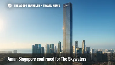 Rendering of The Skywaters supertall near Marina Bay, future home of Aman Singapore, with a bright skyline and strong urban sanctuary vibe.