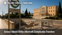 Closed Syntagma metro entrance with barricades during Athens strike aftermath, guiding travelers on Greece general strike transit options and airport transfers.