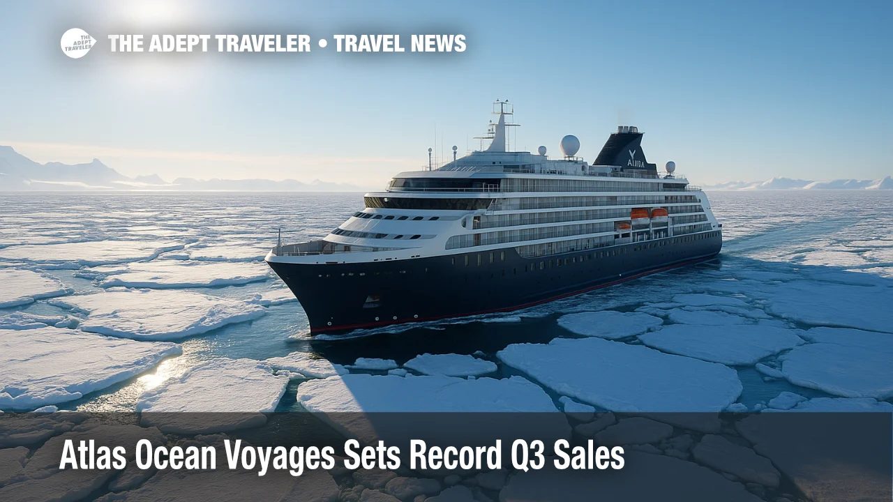Atlas Ocean Voyages expedition yacht navigates Antarctic pack ice under clear skies, highlighting polar travel demand and record sales.