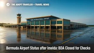 Wet ramp at L.F. Wade International Airport after Hurricane Imelda, illustrating Bermuda airport status and weather-related travel disruptions.